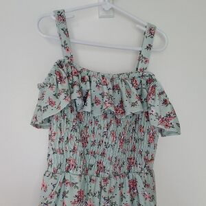 Girl's Size 10 Romper Jumpsuit Green Pink Floral Eyelet Size 10 Pockets Pants